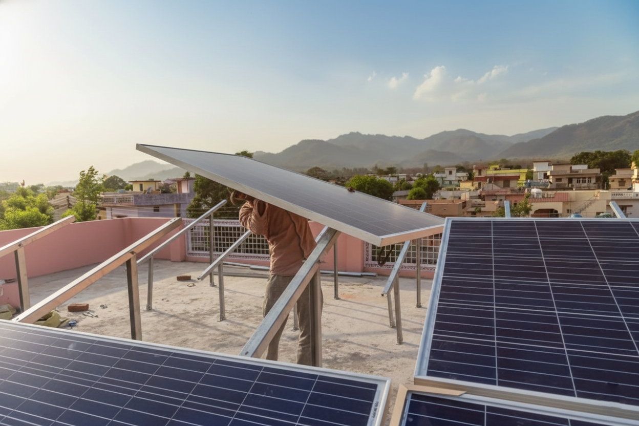 Completed solar panel system on residential rooftop